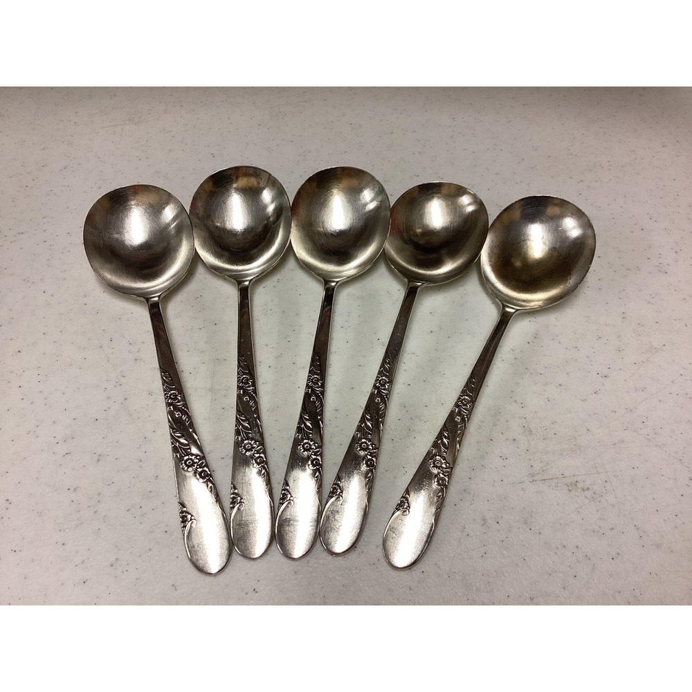 Oneida Tudor Plate Bridal Wreath Pattern Silverplate Soup Spoons 5 Vintage